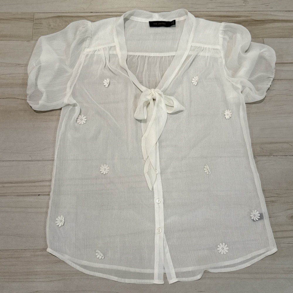 The Limited White Sheer Floral Embellished Tie Neck Blouse Size S